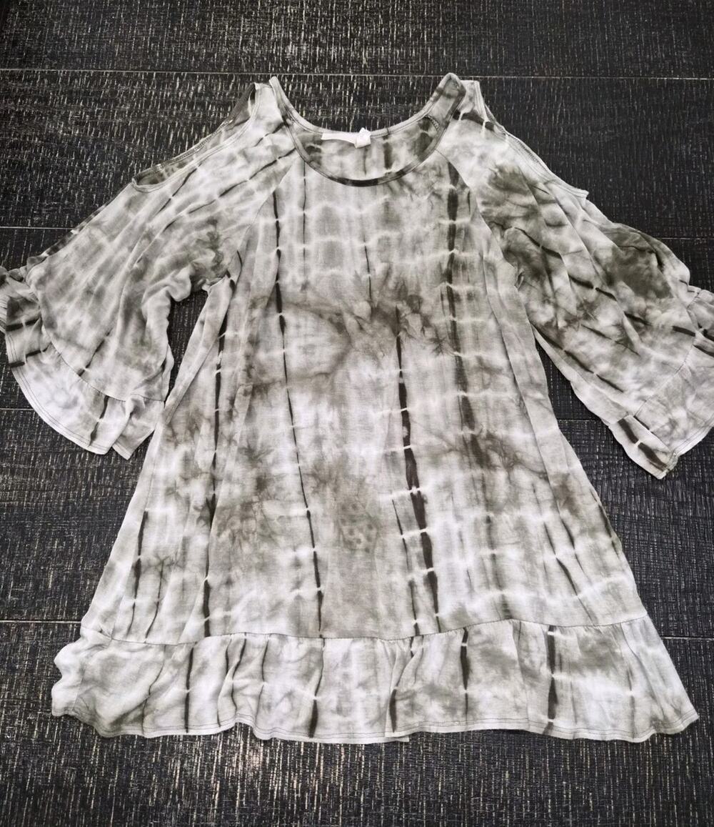 Size L Olive Green Tie Dye Cold Shoulder Tunic Blouse Flare Sleeve With Ruffle